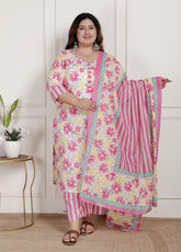 Plus Size Off White Cotton Printed Kurta Pant Set with Dupatta-200082